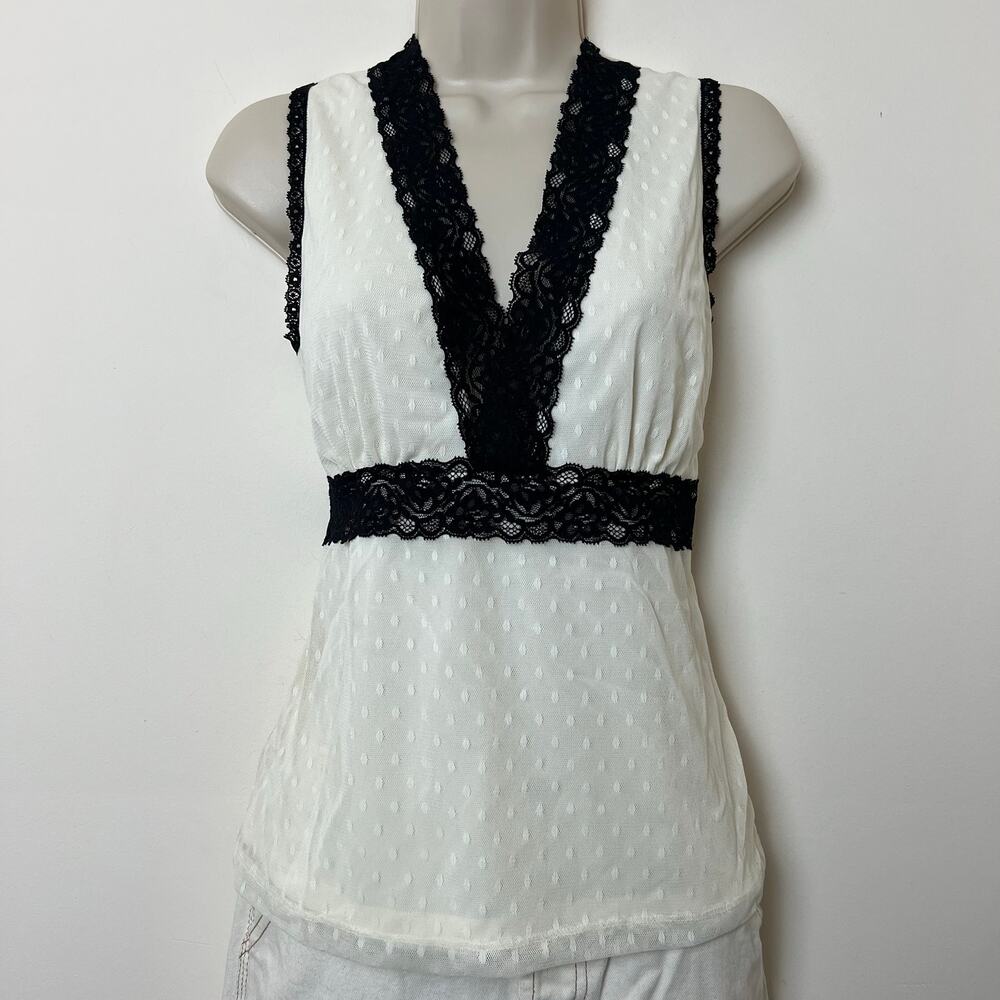 Cream White Black Lace Low Cut Sleeveless Lined Tank Top Dobby Polka Dot Medium